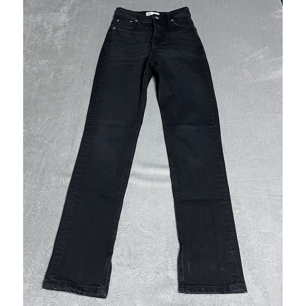 Zara Jeans Womens 2 Black High Rise Straight Slim Slit‎  Hem Denim Stretch